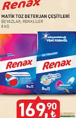 RENAX MATİK TOZ DETERJAN ÇEŞİTLERİ BEYAZLAR/RENKLİLER 8 KG RENAX MATİK TOZ DETERJAN ÇEŞİTLERİ BEYAZLAR/RENKLİLER 8 KG